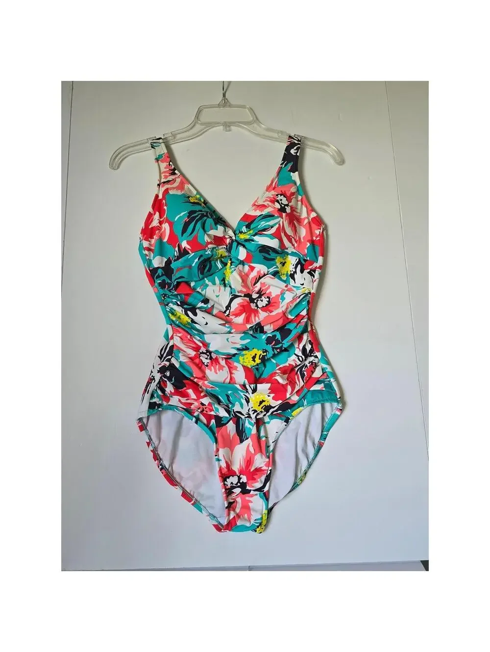 Tropical Floral Ruched One Piece Swimsuit Coral Teal V-Neck Padded Poshmark